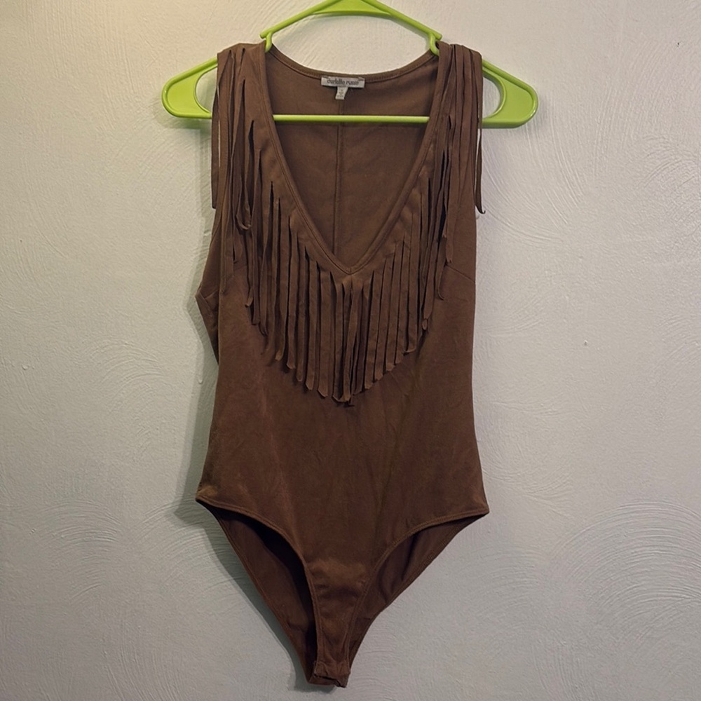 Brown Fringe Plunge Bodysuit